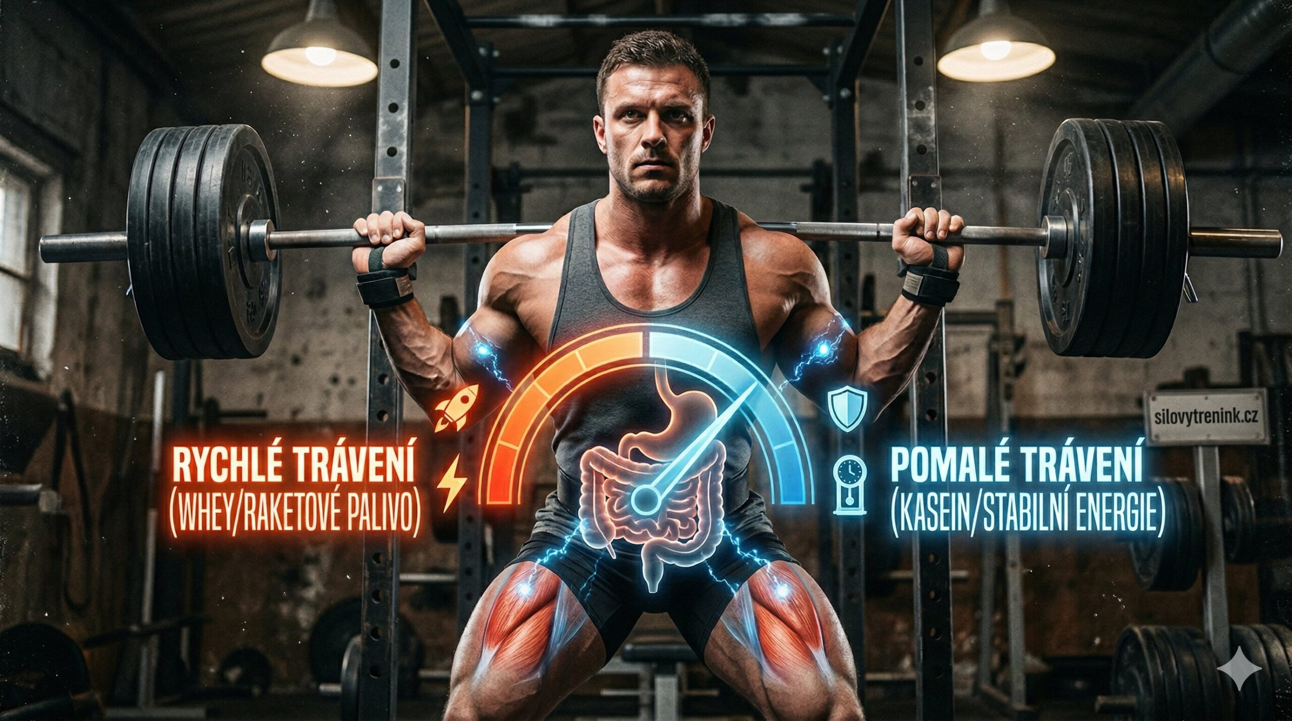 Infografika na pozadí muže cvičícího dřepy v posilovně, která srovnává rychlé trávení syrovátkového proteinu (raketové palivo) a pomalé trávení kaseinu (stabilní energie) pomocí ilustrovaného rychloměru u žaludku