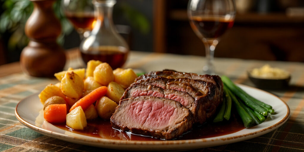 Ilustrace šťavnatého steaku s bramborami.